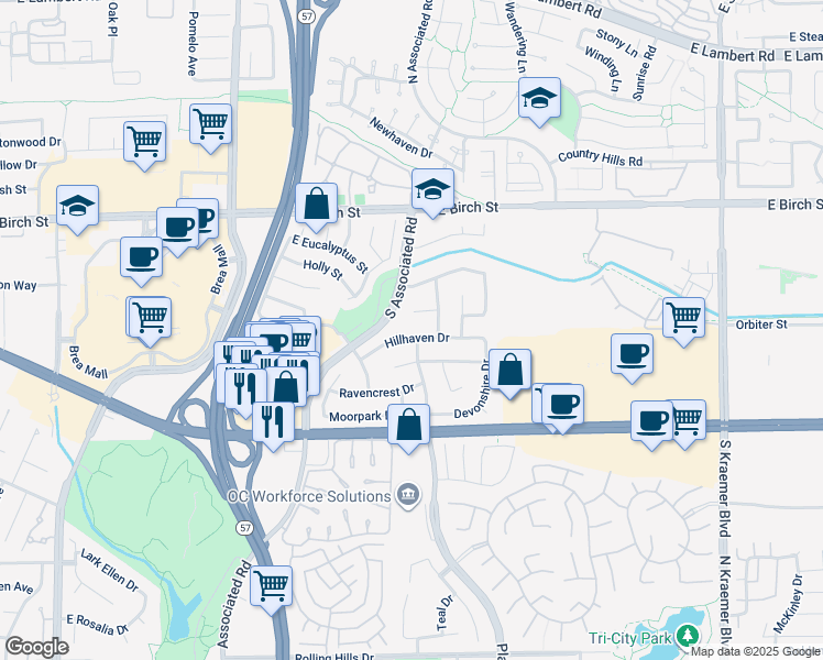 map of restaurants, bars, coffee shops, grocery stores, and more near 1946 Hillhaven Drive in Brea