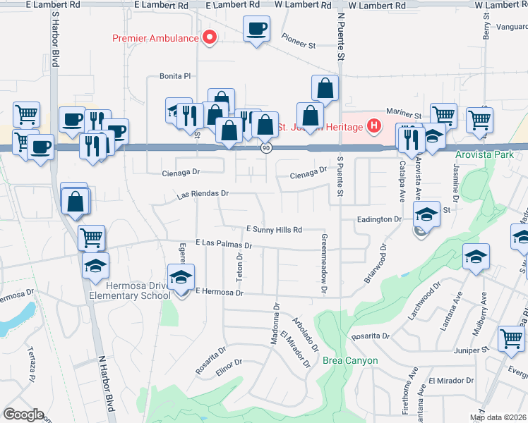 map of restaurants, bars, coffee shops, grocery stores, and more near 3806 Rosehedge Drive in Fullerton