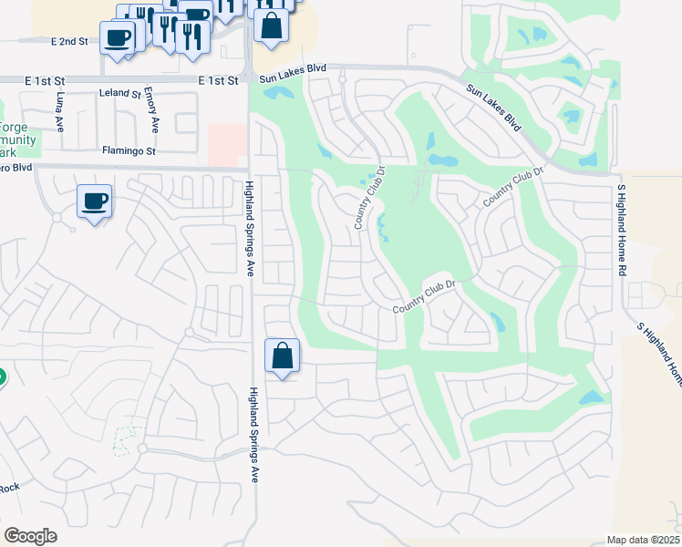 map of restaurants, bars, coffee shops, grocery stores, and more near 6051 Eagle Trace Lane in Banning