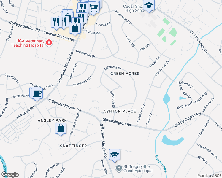 map of restaurants, bars, coffee shops, grocery stores, and more near 132 Ashbrook Drive in Athens