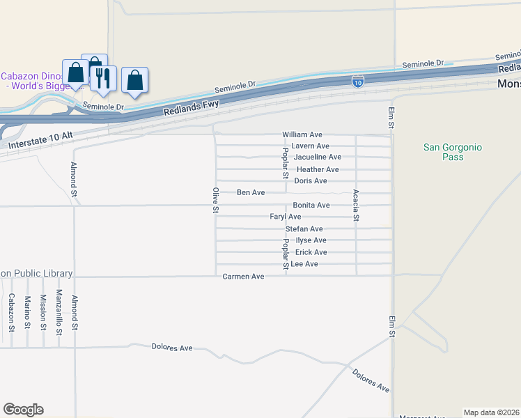 map of restaurants, bars, coffee shops, grocery stores, and more near Bonita Avenue in Cabazon