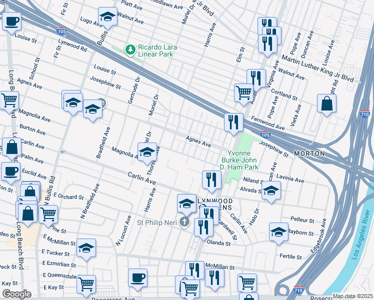 map of restaurants, bars, coffee shops, grocery stores, and more near 4258 Lavinia Avenue in Lynwood
