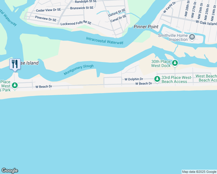 map of restaurants, bars, coffee shops, grocery stores, and more near 3917 West Beach Drive in Oak Island