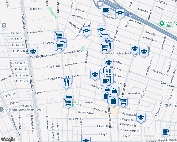 map of restaurants, bars, coffee shops, grocery stores, and more near 3226 Palm Avenue in Lynwood
