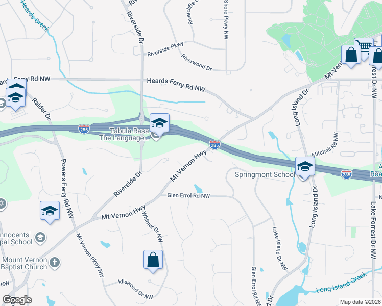map of restaurants, bars, coffee shops, grocery stores, and more near 445 Mount Vernon Highway in Atlanta
