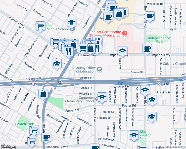 map of restaurants, bars, coffee shops, grocery stores, and more near 9181 Columbia Way in Downey