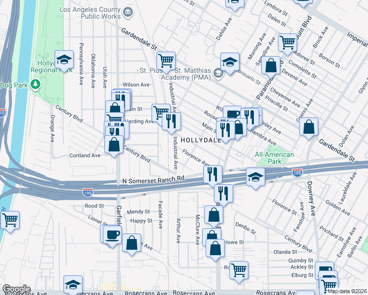 map of restaurants, bars, coffee shops, grocery stores, and more near 6019 Florence Avenue in South Gate
