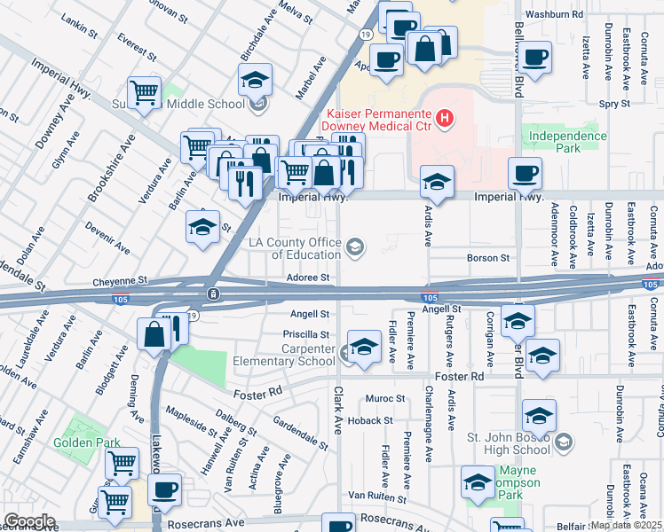 map of restaurants, bars, coffee shops, grocery stores, and more near 12843 Columbia Way in Downey