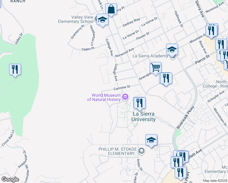 map of restaurants, bars, coffee shops, grocery stores, and more near 11732 Carmine Street in Riverside