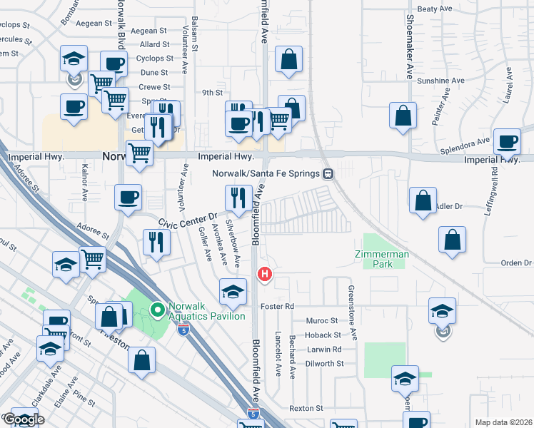 map of restaurants, bars, coffee shops, grocery stores, and more near 12814 Arroyo Lane in Norwalk