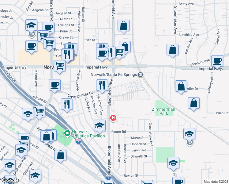 map of restaurants, bars, coffee shops, grocery stores, and more near 12802 Bloomfield Avenue in Norwalk