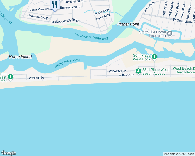 map of restaurants, bars, coffee shops, grocery stores, and more near 3917 West Beach Drive in Oak Island