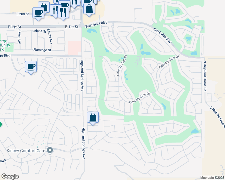 map of restaurants, bars, coffee shops, grocery stores, and more near 6051 Eagle Trace Lane in Banning