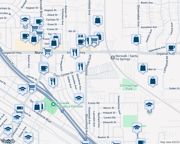 map of restaurants, bars, coffee shops, grocery stores, and more near 12905 Barranca Lane in Norwalk