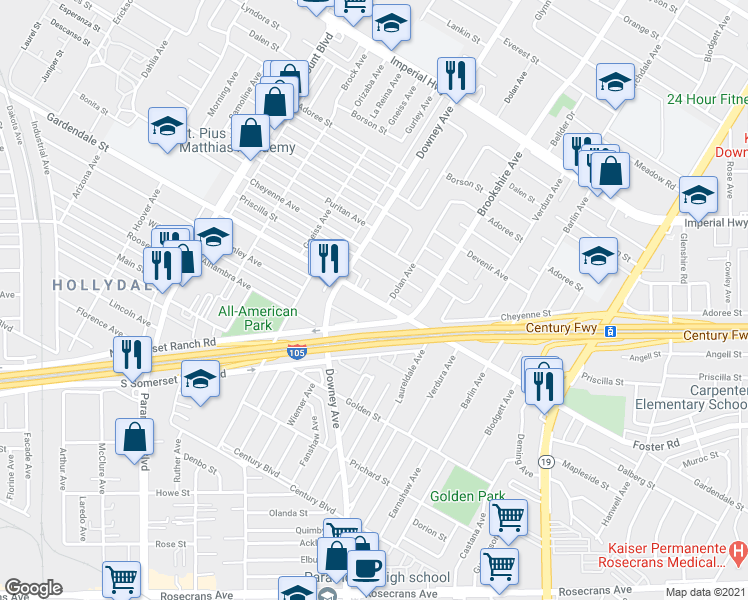 map of restaurants, bars, coffee shops, grocery stores, and more near 8350 Gardendale Street in Paramount