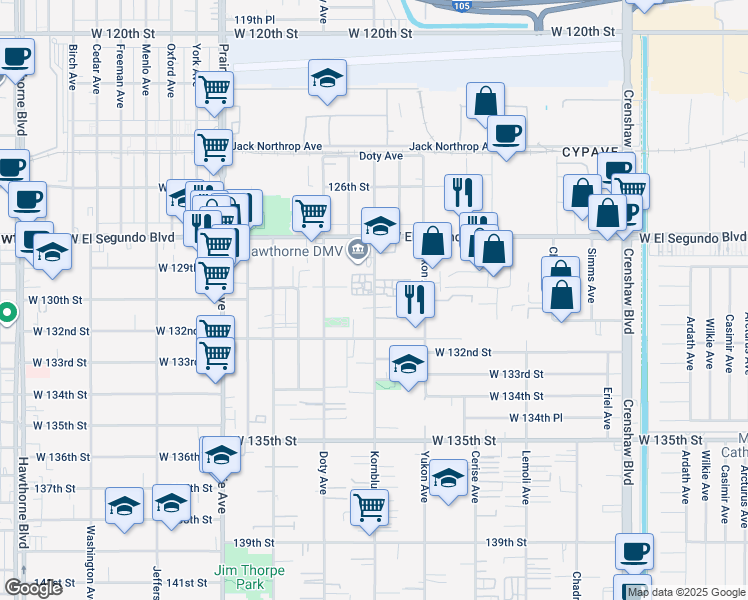 map of restaurants, bars, coffee shops, grocery stores, and more near in Hawthorne