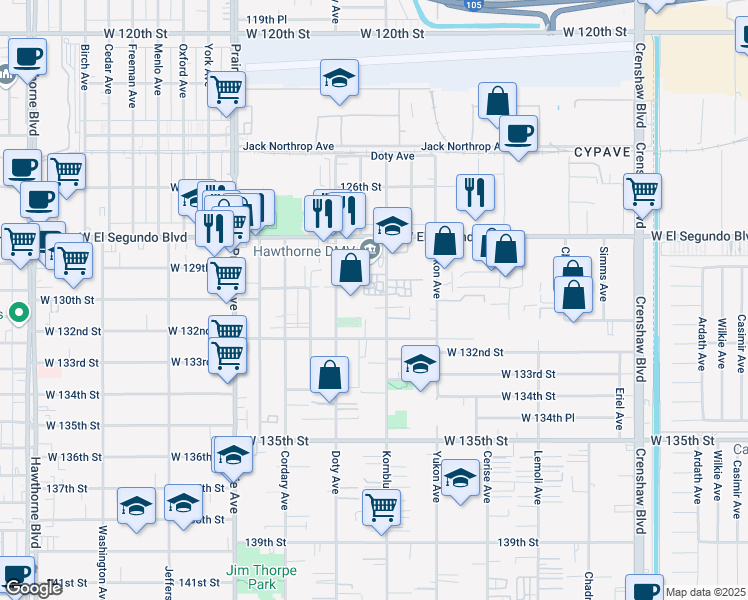 map of restaurants, bars, coffee shops, grocery stores, and more near in Hawthorne