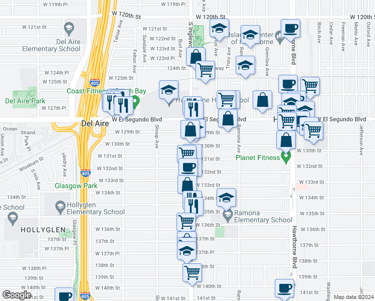 map of restaurants, bars, coffee shops, grocery stores, and more near 4818 West 131st Street in Hawthorne