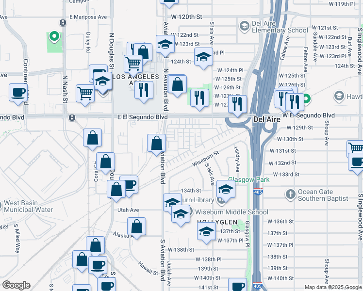 map of restaurants, bars, coffee shops, grocery stores, and more near 5540 Palm Drive in Hawthorne