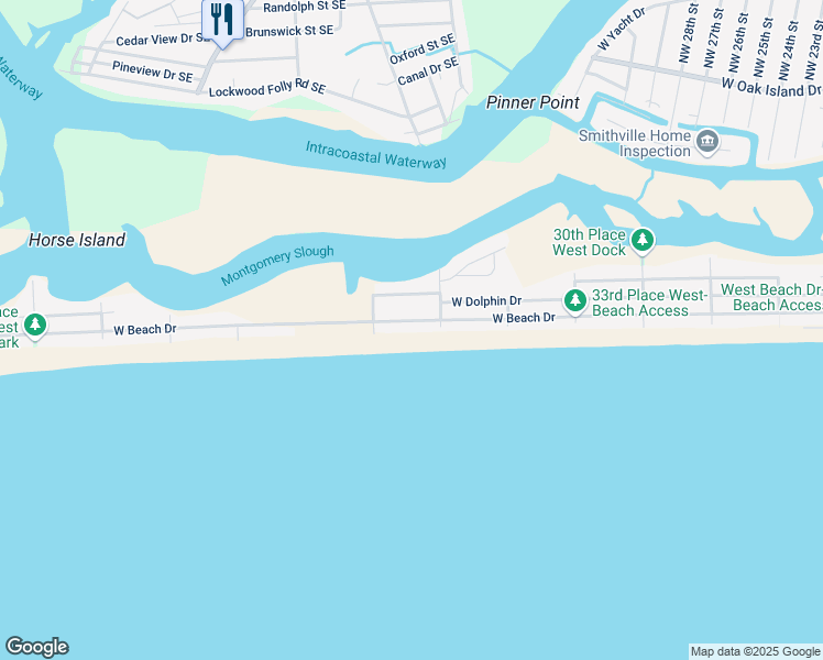map of restaurants, bars, coffee shops, grocery stores, and more near 3913 West Beach Drive in Oak Island
