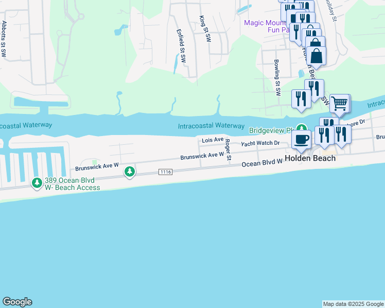 map of restaurants, bars, coffee shops, grocery stores, and more near 240 Ocean Boulevard West in Holden Beach