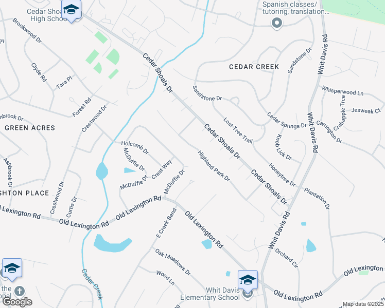 map of restaurants, bars, coffee shops, grocery stores, and more near 415 McDuffie Drive in Athens
