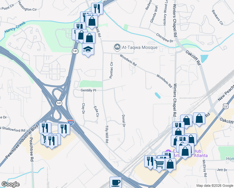 map of restaurants, bars, coffee shops, grocery stores, and more near 4121 Doral Drive in Atlanta