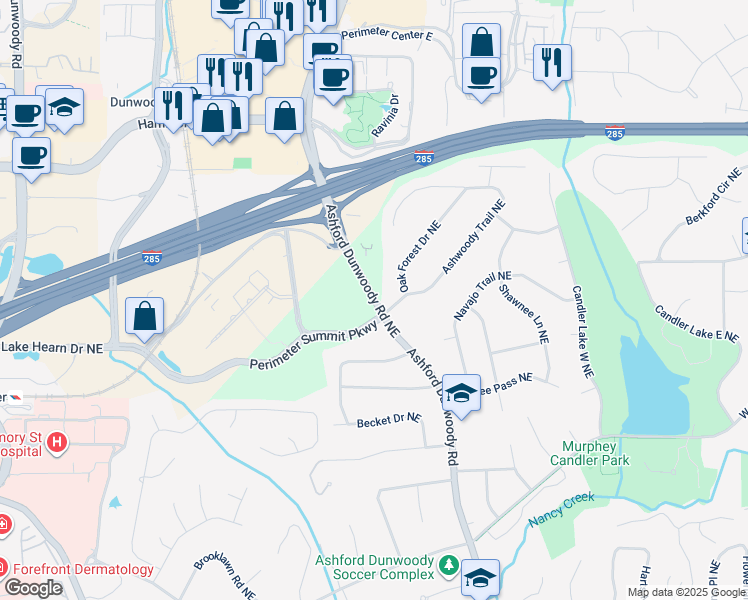 map of restaurants, bars, coffee shops, grocery stores, and more near 4131 Ashford Dunwoody Road Northeast in Atlanta