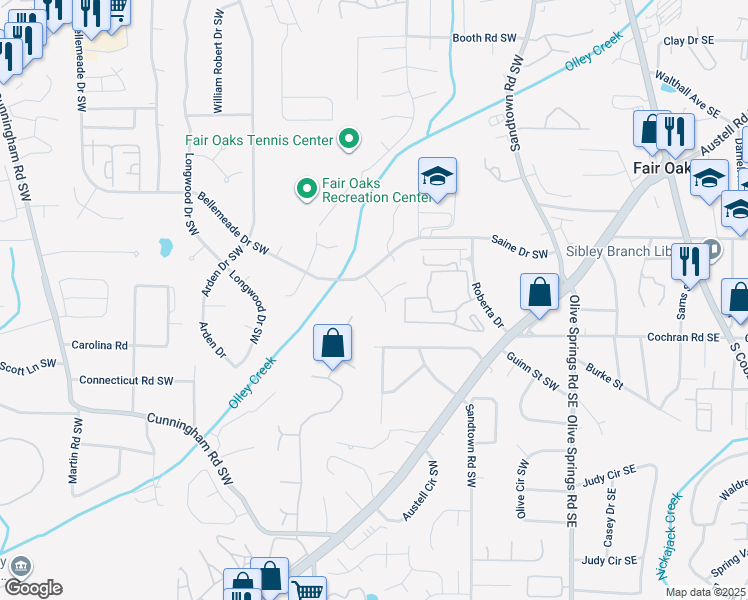 map of restaurants, bars, coffee shops, grocery stores, and more near 1570 Oakpoint Drive Southwest in Marietta