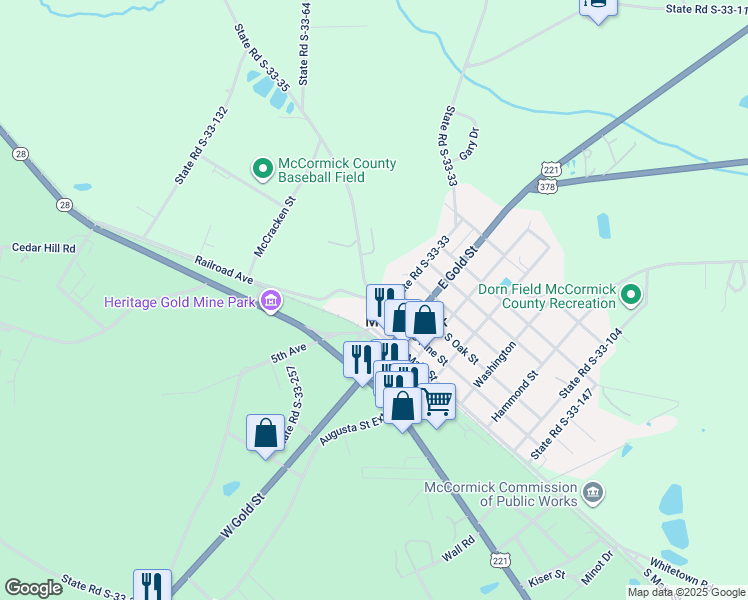 map of restaurants, bars, coffee shops, grocery stores, and more near 312 North Pine Street in McCormick
