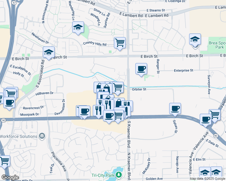 map of restaurants, bars, coffee shops, grocery stores, and more near 2545 Almeria Lane in Brea