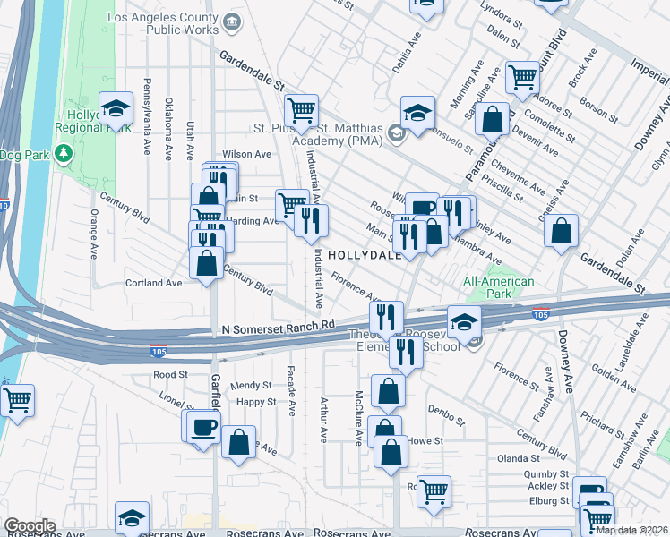 map of restaurants, bars, coffee shops, grocery stores, and more near 6019 Florence Avenue in South Gate