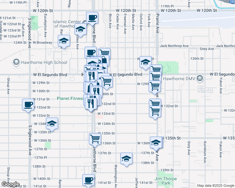 map of restaurants, bars, coffee shops, grocery stores, and more near 4319 West 132nd Street in Hawthorne