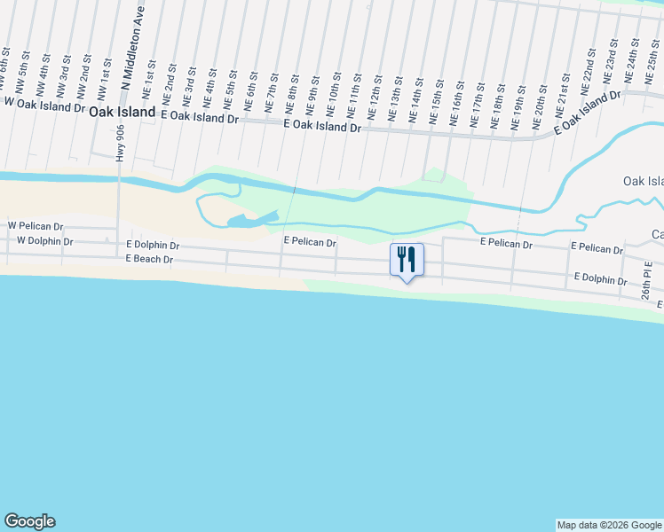 map of restaurants, bars, coffee shops, grocery stores, and more near 1107 East Beach Drive in Oak Island