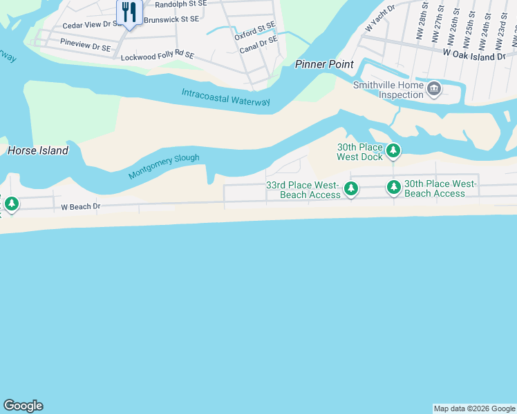 map of restaurants, bars, coffee shops, grocery stores, and more near 39th Place West in Oak Island