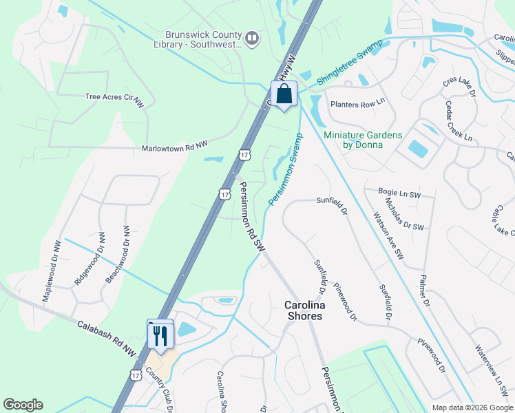 map of restaurants, bars, coffee shops, grocery stores, and more near 115 Cedar Tree Lane Southwest in Calabash
