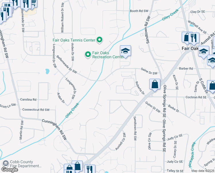 map of restaurants, bars, coffee shops, grocery stores, and more near 1570 Oakpoint Drive Southwest in Marietta
