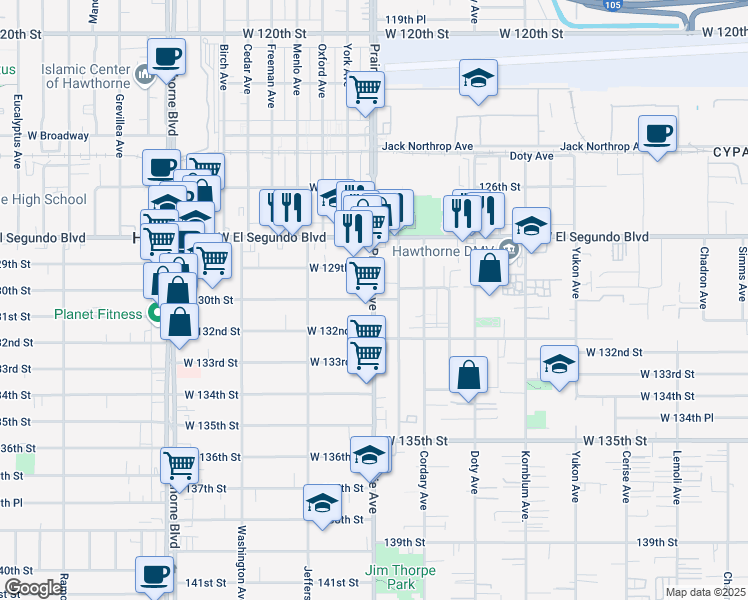 map of restaurants, bars, coffee shops, grocery stores, and more near Prairie Ave & W 130th St in Hawthorne