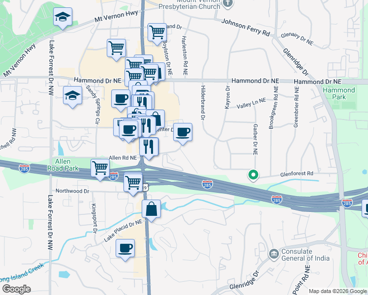 map of restaurants, bars, coffee shops, grocery stores, and more near 5795 Mountain Creek Road Northeast in Sandy Springs