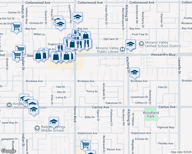 map of restaurants, bars, coffee shops, grocery stores, and more near 25155 Brodiaea Avenue in Moreno Valley
