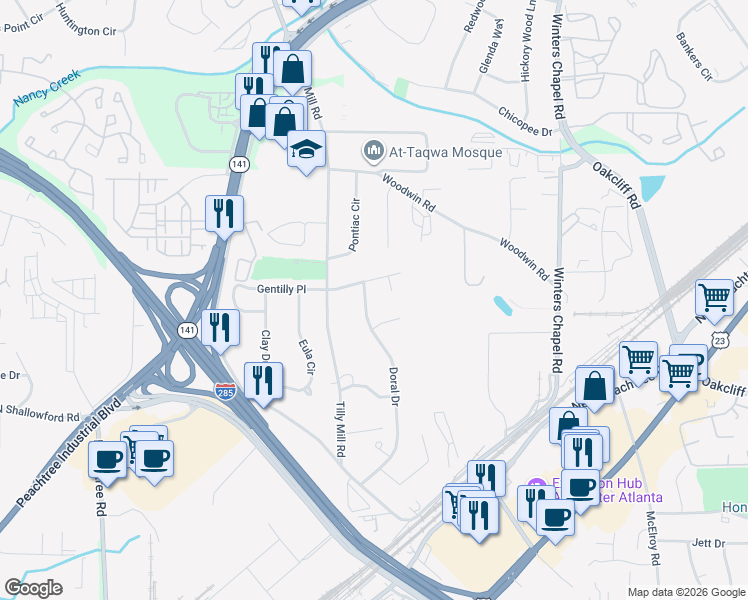 map of restaurants, bars, coffee shops, grocery stores, and more near 4121 Doral Dr in Atlanta
