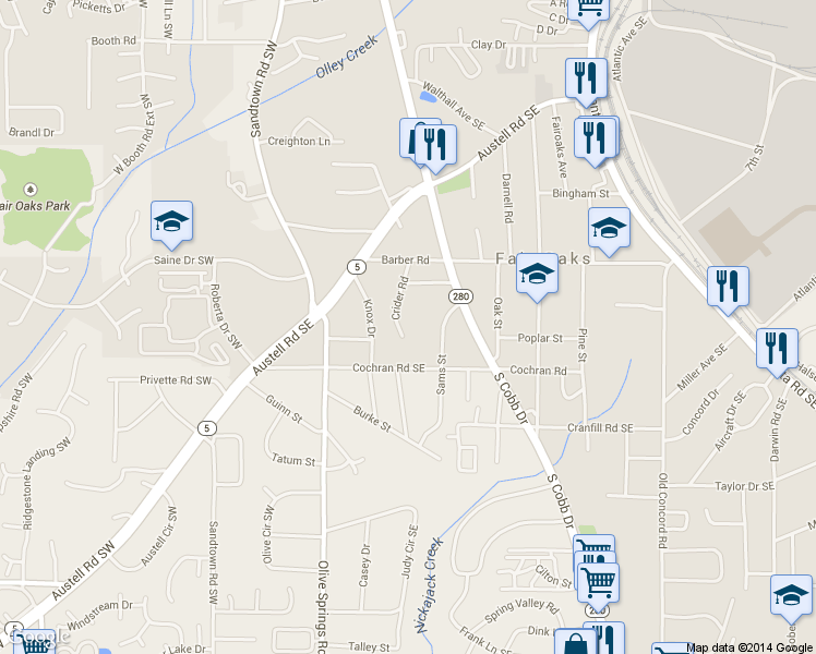 map of restaurants, bars, coffee shops, grocery stores, and more near 105 Cochran Road Southwest in Marietta