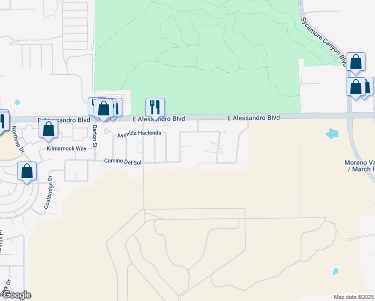 map of restaurants, bars, coffee shops, grocery stores, and more near 20449 Camino De Gloria in Riverside