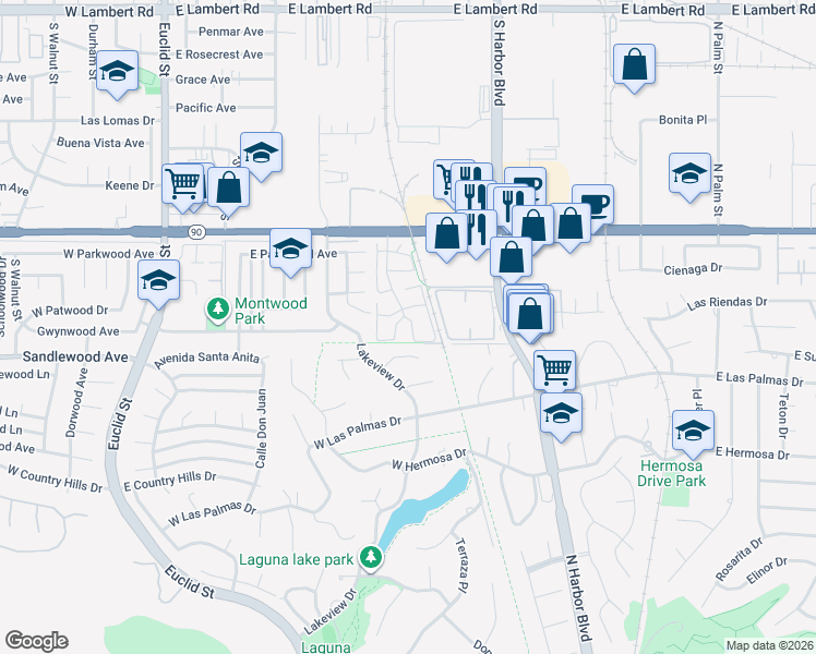 map of restaurants, bars, coffee shops, grocery stores, and more near 401 West Moderno Place in Fullerton