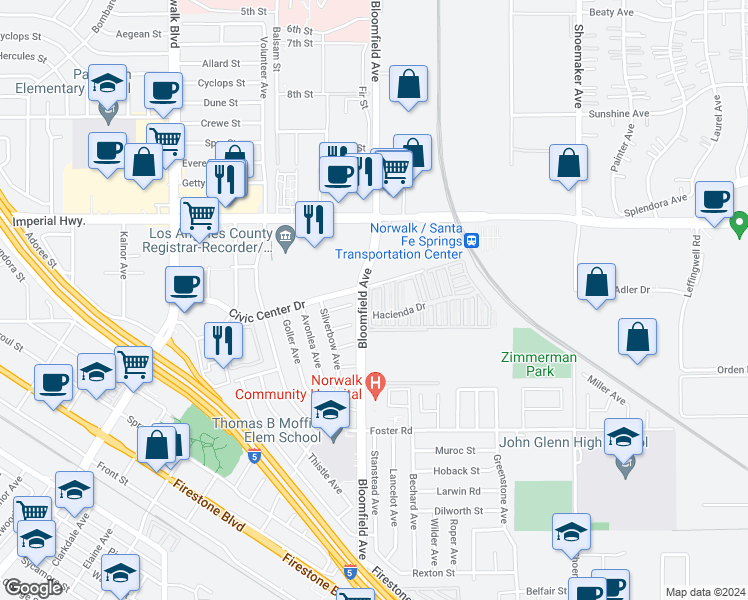 map of restaurants, bars, coffee shops, grocery stores, and more near 12819 Arroyo Lane in Norwalk