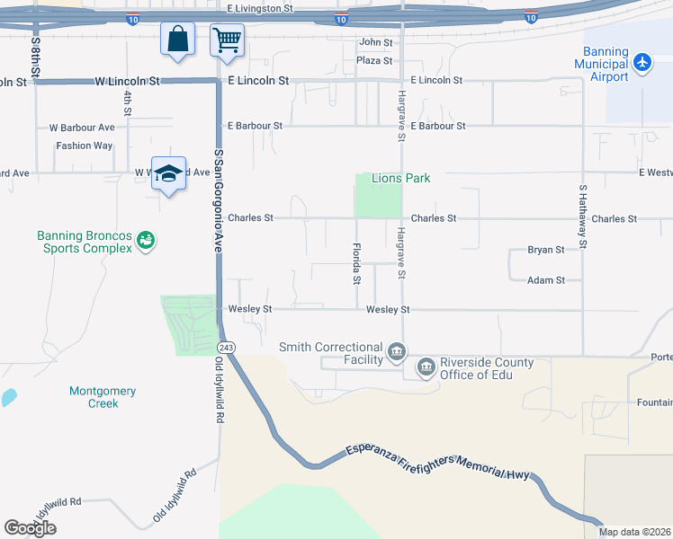 map of restaurants, bars, coffee shops, grocery stores, and more near 514 Victory Avenue in Banning