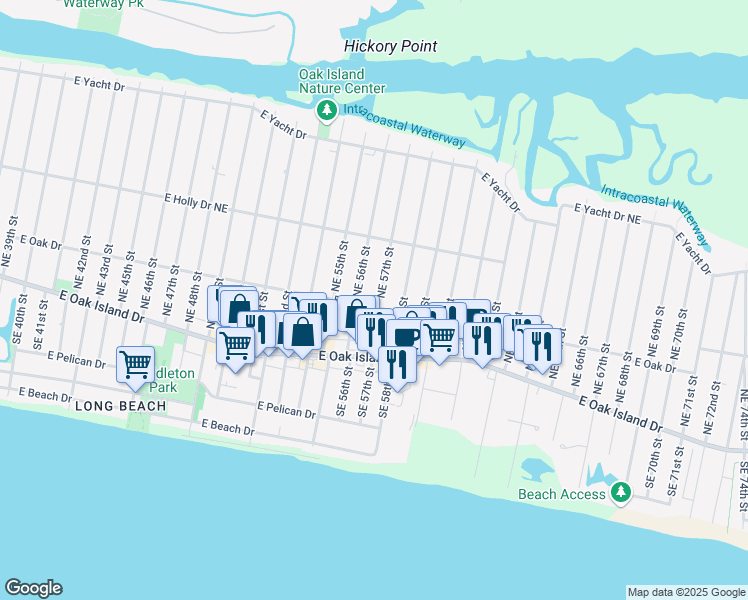 map of restaurants, bars, coffee shops, grocery stores, and more near 201 Northeast 57th Street in Oak Island