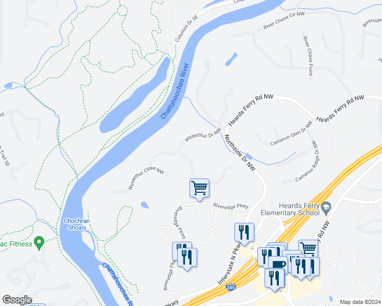 map of restaurants, bars, coffee shops, grocery stores, and more near 5815 Winterthur Drive Northwest in Atlanta