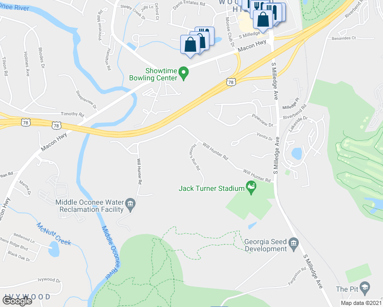 map of restaurants, bars, coffee shops, grocery stores, and more near 107 Hunter's Run Road in Athens