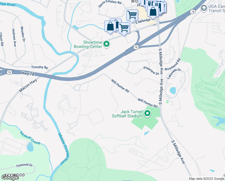 map of restaurants, bars, coffee shops, grocery stores, and more near 100 Hunter's Run Road in Athens